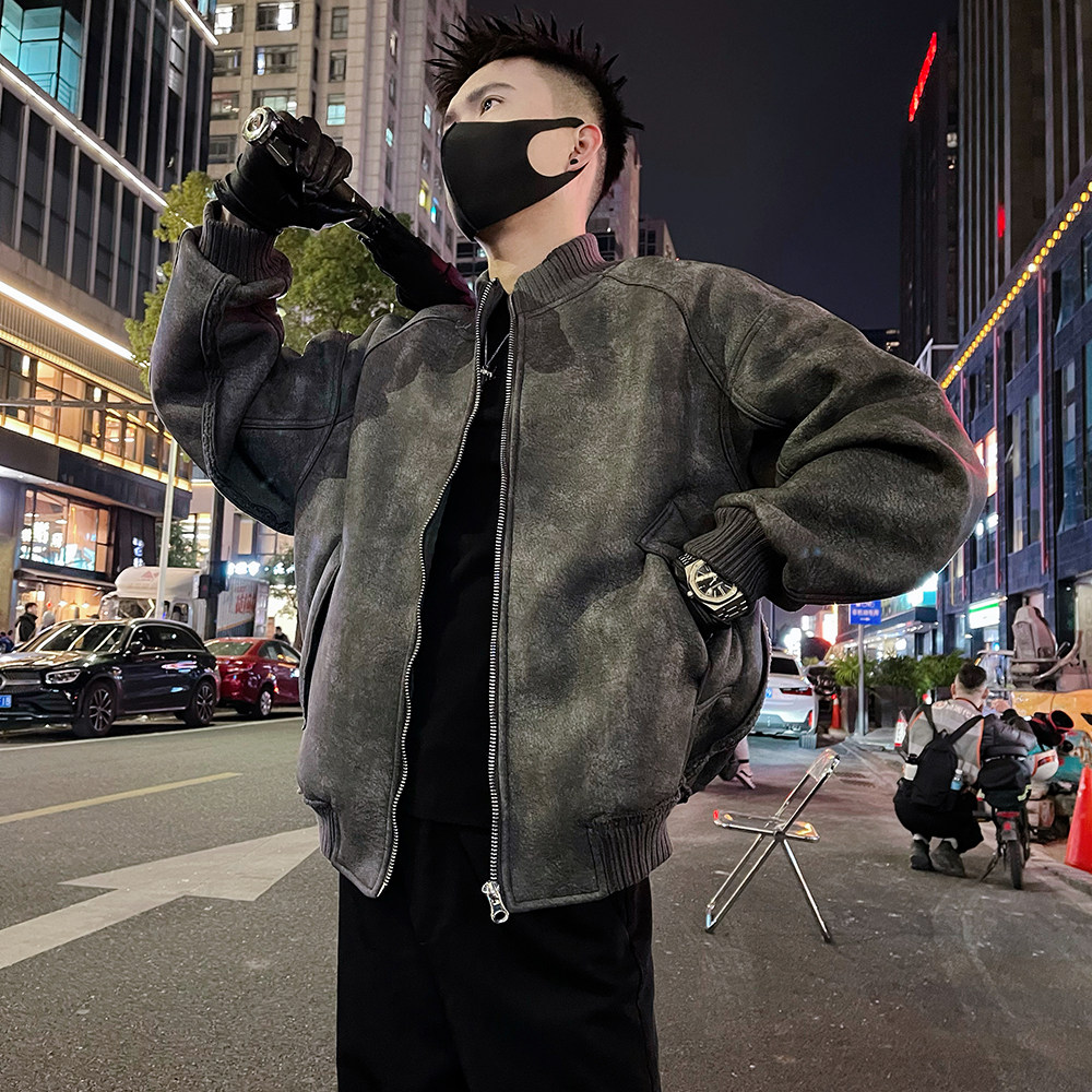 A66/P178控238秋冬男士皮毛一体保暖防风外套潮牌痞帅上衣黑灰1,男装棉衣,电商A366