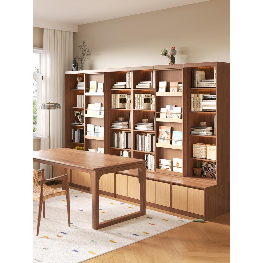 实木卡座书柜客厅阅读绘本书架储物柜一体靠墙落地置物架推拉门柜