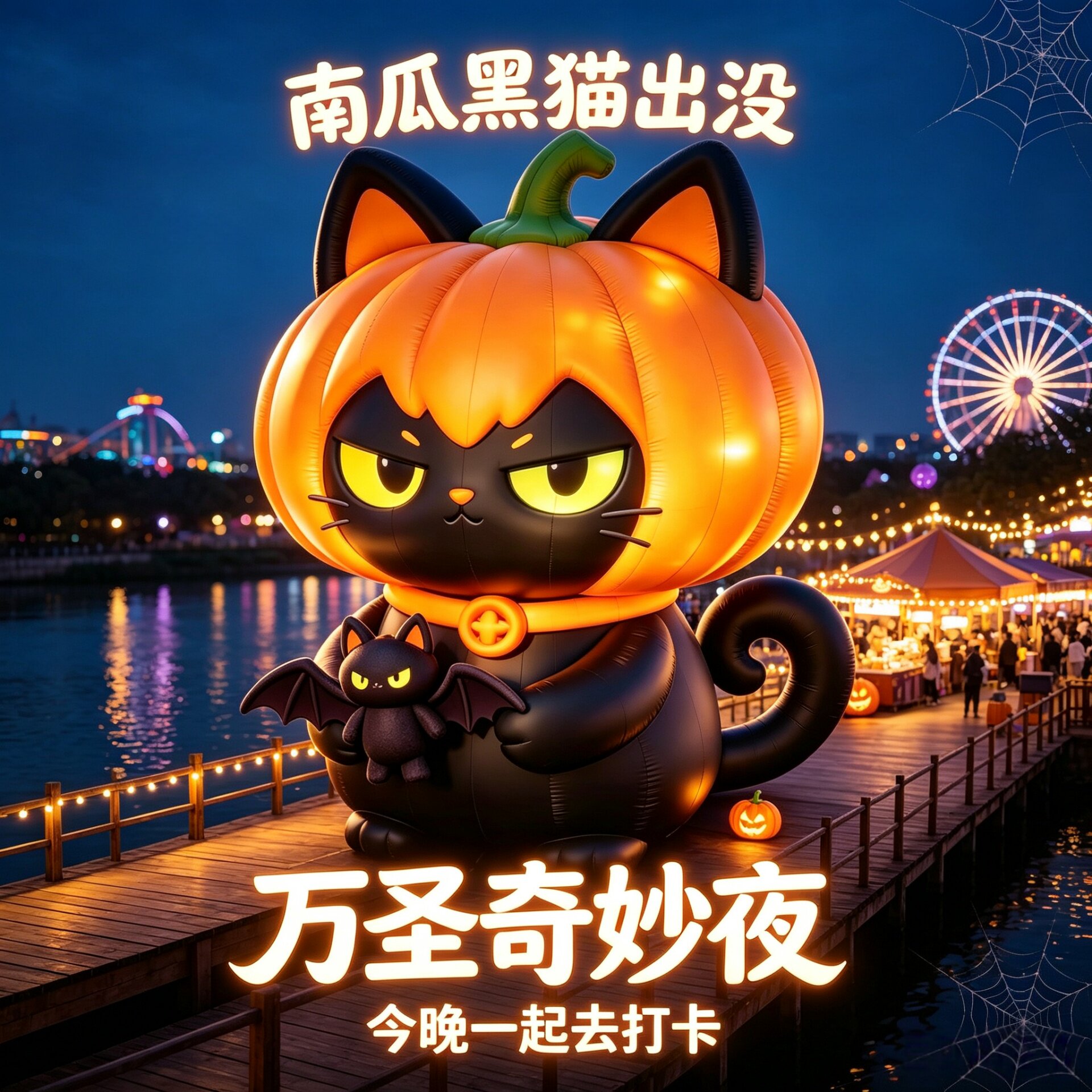 万圣节南瓜黑猫充气气模美陈摆件