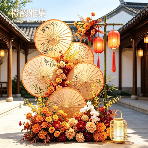 秋日新中式油纸伞花艺美陈摆件