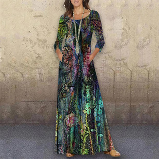 neck round long dress 连衣裙 Vintage 复古印花圆领长款 print