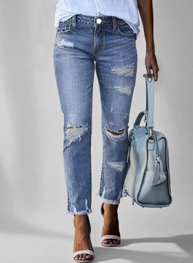 紧身纯色破洞牛仔裤女 Tight solid-colored holey women's jeans