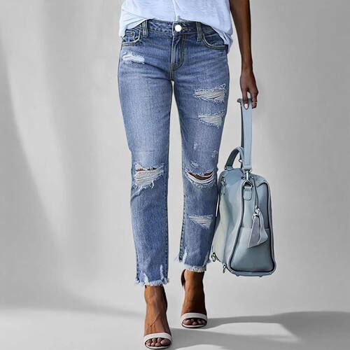 紧身纯色破洞牛仔裤女 Tight solid-colored holey women's jeans