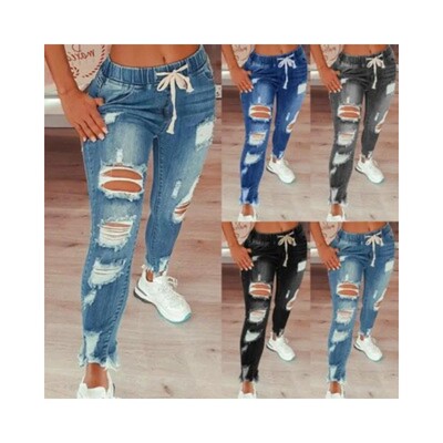 高腰破洞女松紧腰小脚牛仔长裤High-waisted ripped skinny jeans