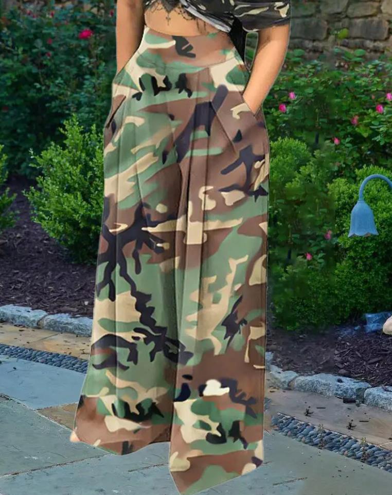 Casual camouflage print wide-leg pants  休闲迷彩印花阔腿裤女