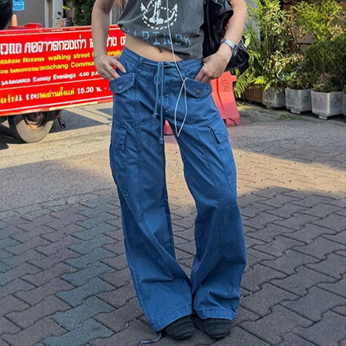 女士多口袋直筒休闲工装长裤