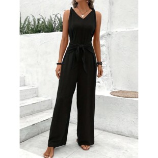 neck sleeveless wide jumpsuit 纯色女士V领无袖 leg 阔腿连体裤