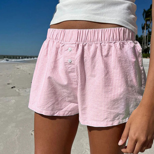 straight button striped shorts 条纹纽扣直筒短裤 tube Beach
