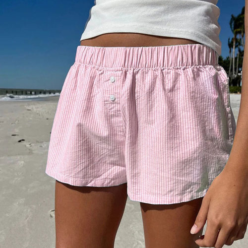 Beach striped button straight tube shorts   条纹纽扣直筒短裤
