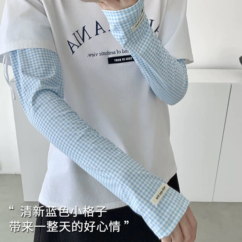 韩蓝色格子波点冰丝袖套女夏季户外开车遮阳手套宽松冰袖防晒
