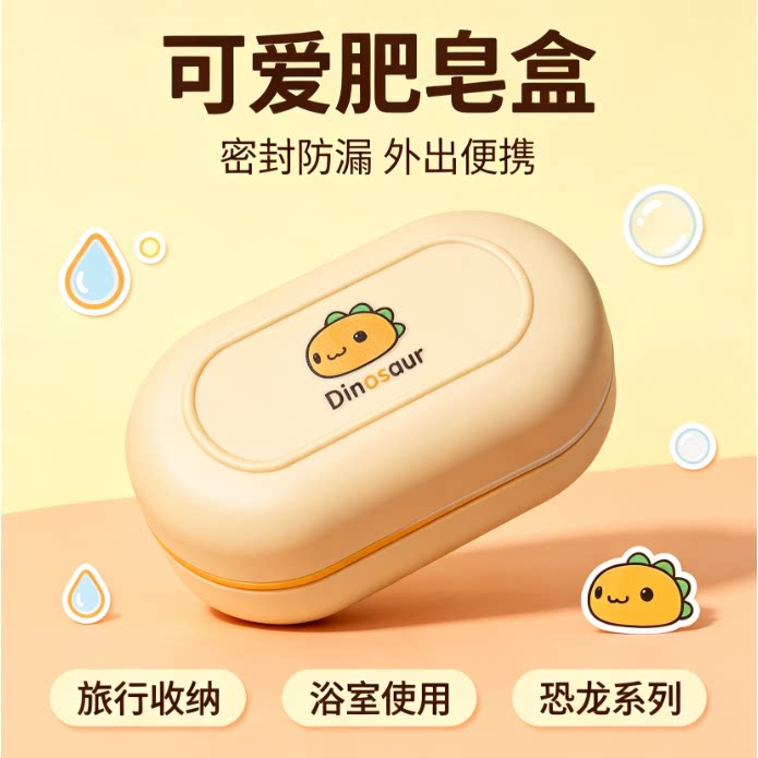 卡通恐龙便携皂盒带盖密封防水旅行香皂收纳盒浴室沥水肥皂盒