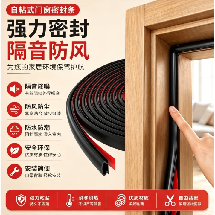 防盗门密封条工型门框条卧室门自粘型隔音防撞防漏风防尘胶条