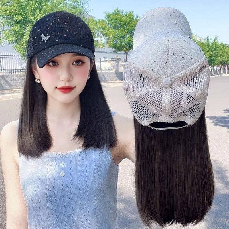 夏日镂空网蝴蝶亮片鸭舌帽子假发一体女遮阳防晒气质锁骨发假发帽