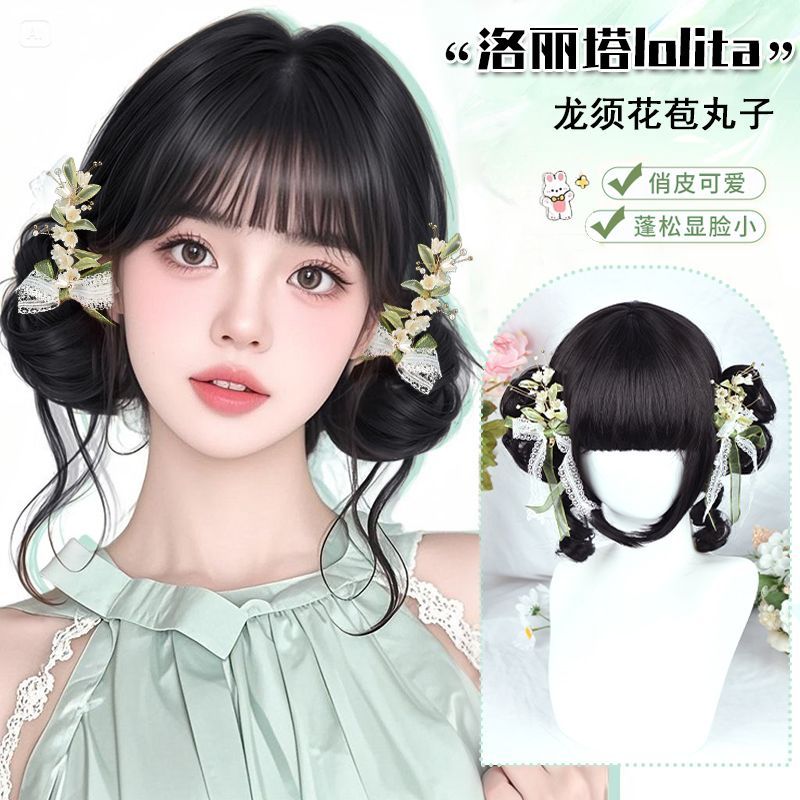 Lolita假发女虎口抓夹龙须花苞双马尾可爱俏皮中华lo娘假发全头套