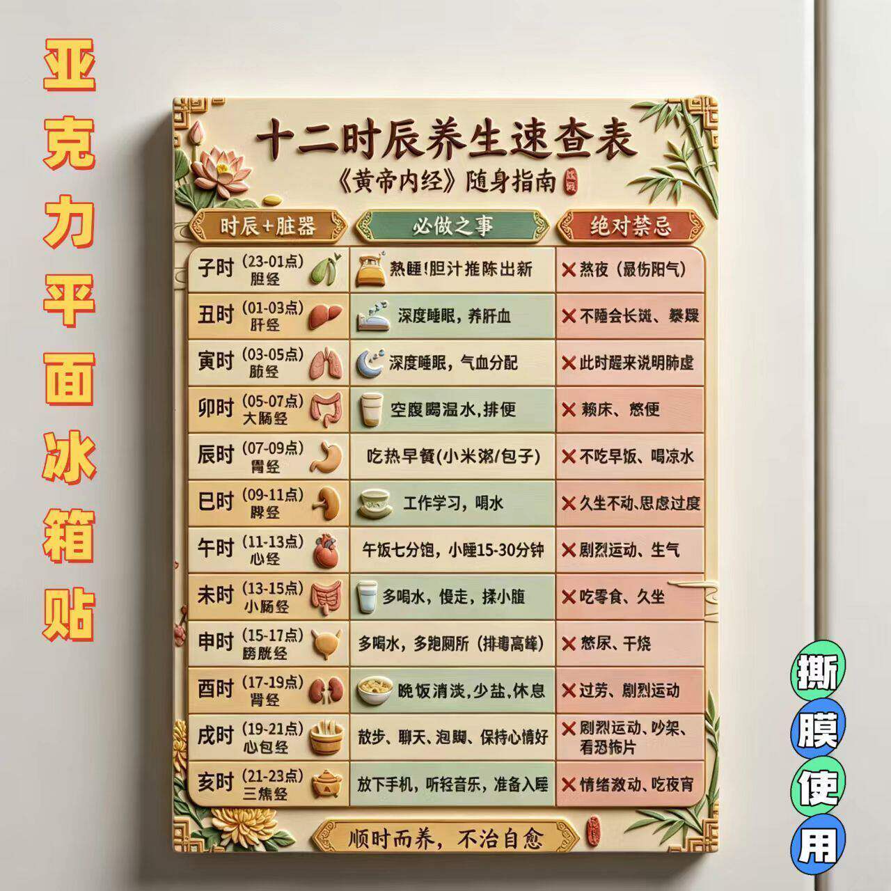 十二时辰养生速查表亚克力平面冰箱贴现代健康生活中医馆磁贴