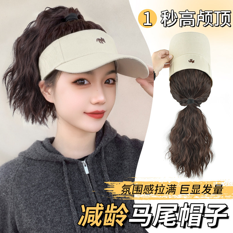 假发女短发秋帽子假发一体时尚全头套遮阳空顶鸭舌帽卷发马尾假发