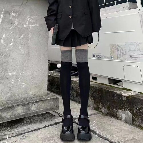 春秋款小腿袜女黑灰拼接压力显瘦日系jk大腿过膝夏季长筒袜子
