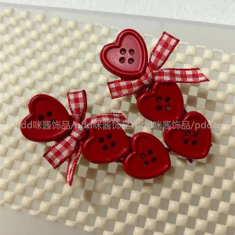 敲显白红色爱心纽扣蝴蝶结发夹甜美可爱少女刘海侧边夹碎发夹头饰