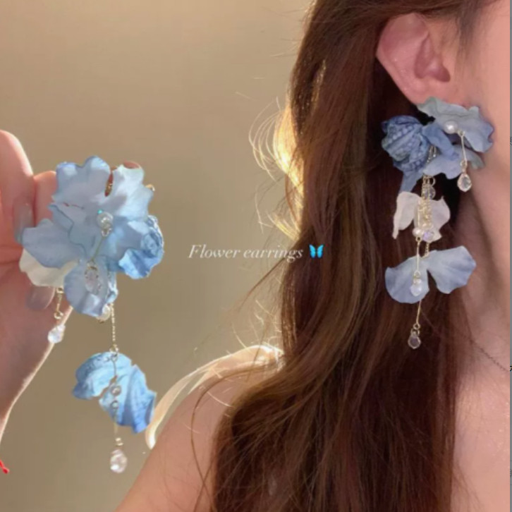 玫瑰冰茶蓝色流苏花朵耳钉女海边度假风耳饰