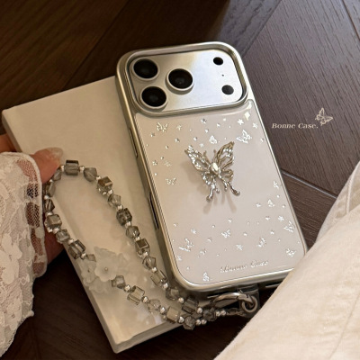 轻奢碎银鎏金立体蝴蝶适用苹果16Pro手机壳iPhone15/14/13少女心银箔闪粉高级感17air带珠链挂绳防摔壳12新款