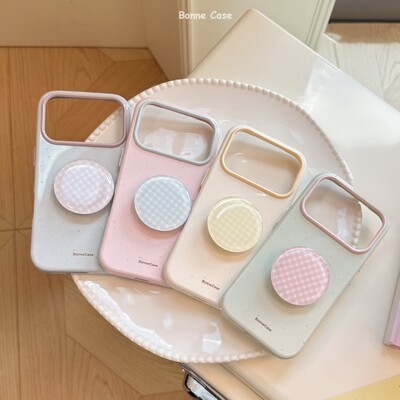 ins韩系马卡龙浅色系泼点适用苹果17Promax手机壳iPhone15格子圆形气囊支架16简约甜妹亮面14少女高颜值新款