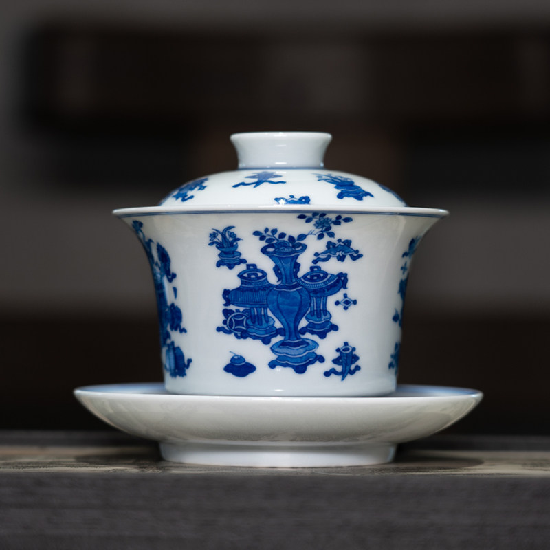 景德镇陶瓷青花博古内画三才盖碗望龙柴窑古法烧制一个人喝茶茶具