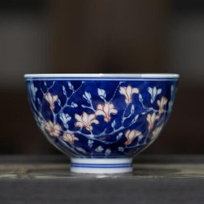 景德镇陶瓷釉里红玉兰花鸡心杯望龙柴窑古法烧制单人精致喝茶茶具