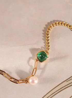 帕诗韵s925纯银手链珍珠镶绿色方形锆石时尚百搭日系简约风饰品