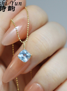 帕诗韵s925纯银Ins风镶嵌水蓝色方块吊坠简约大气约会百搭送闺蜜