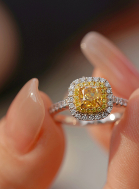 帕诗韵s925纯银镶钻超闪方糖黄钻戒指精致温柔浪漫富贵送女友礼物