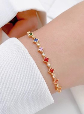 帕诗韵通体s925纯银手链叠戴轻奢复古彩色镶钻潮流时尚百搭女饰品