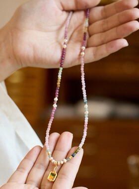 天然碧玺项链女S925银扎基拉姆唐卡项链彩虹碧玺水晶珍珠项链