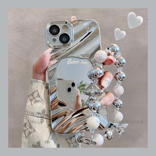 高级感水波纹电镀银镜面手链适用苹果17promax手机壳iphone16/15补妆镜14新款13pro全包防摔12腕带8plus软7女