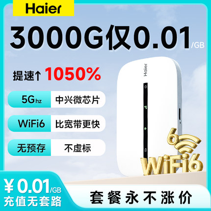 海尔随身wifi2024新款5Ghz移动无线wifi网络随身wifi无限速纯流量上网卡免插卡三网通便携车载小米wilf6神器4