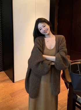 美拉德复古咖色毛衣外套女秋冬慵懒高级感宽松中长款针织开衫上衣