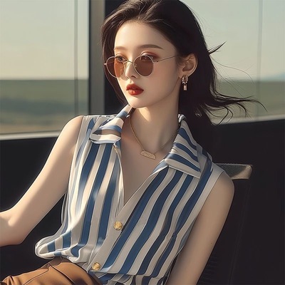 法式蓝色条纹无袖衬衫衬衣女雪纺上衣女夏轻奢高级感2025新款小众