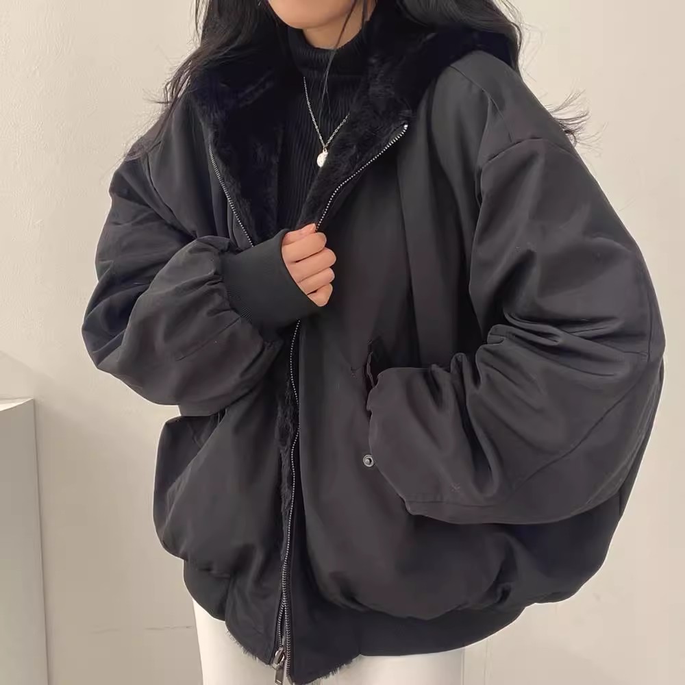 韩国chic休闲宽松加绒加厚两面穿羊羔毛棉服女保暖外套秋冬季棉衣