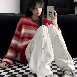 加厚外穿上衣 红色条纹长绒软糯仿貂毛套头毛衣女慵懒马海毛针织衫