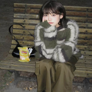 水貂绒针织衫 复古慵懒风绿色条纹马海毛毛衣女宽松加厚中长款 秋冬
