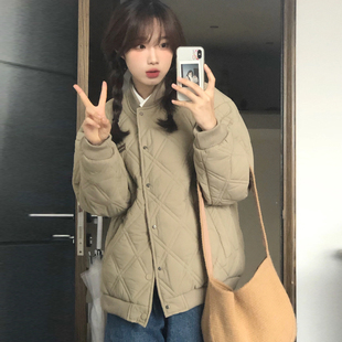 美式 加厚棉袄小众夹棉秋冬外套oversize菱格棉衣 棉服女2023年新款