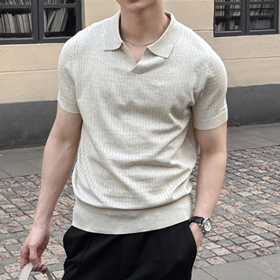 海仕欧洲站轻奢老钱天丝亚麻polo莱赛尔男T恤松弛感翻领针织短袖