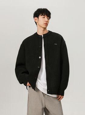 海仕欧洲站重磅灰色毛衣开衫外套男秋冬慵懒风针织衫950g重磅痞帅