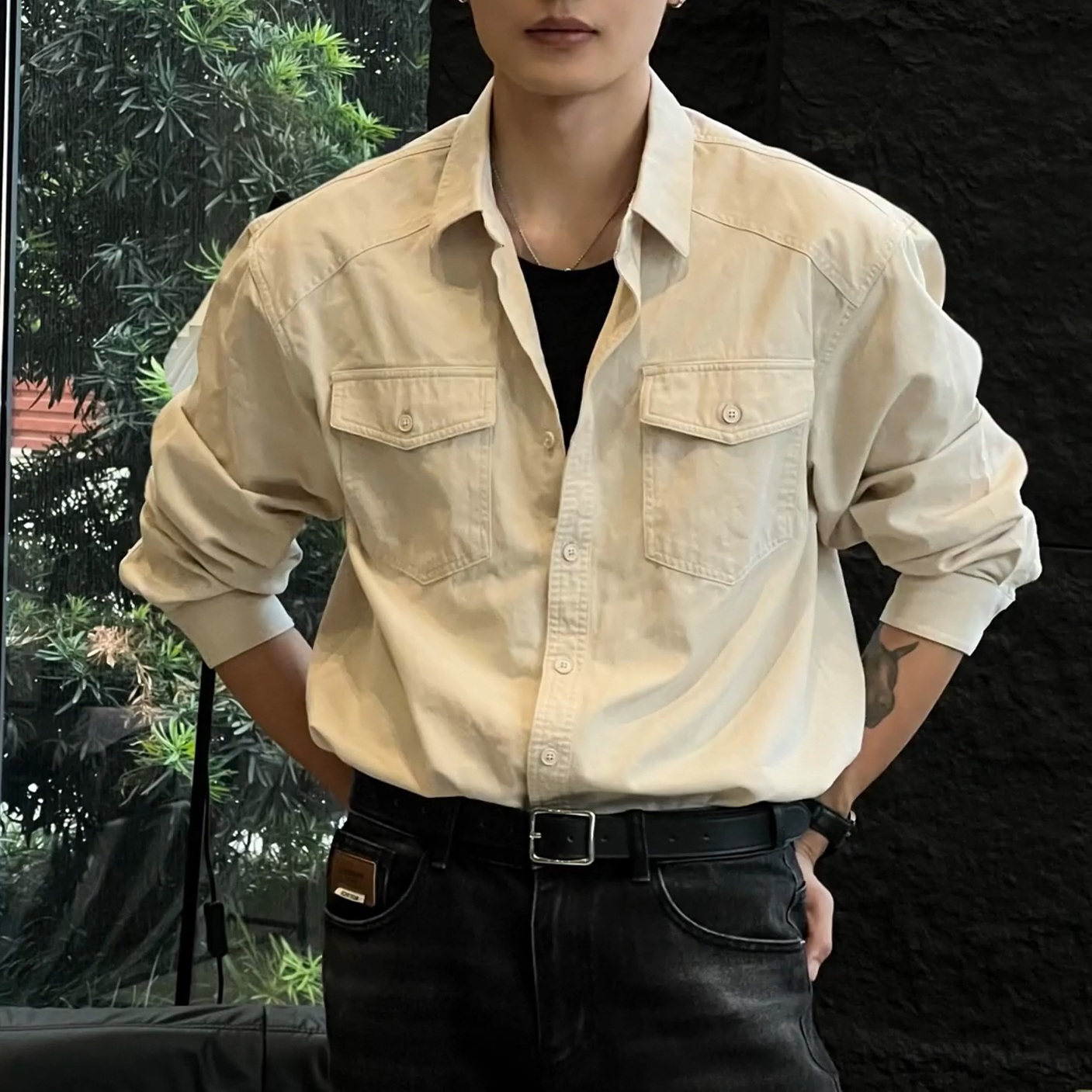 2025秋冬新款韩版时尚百搭休闲宽松长袖衬衫男款纯色简约衬衣外套