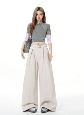 美式米白色高腰阔腿牛仔裤女早春宽松慵懒垂感褶皱拖地直筒裤