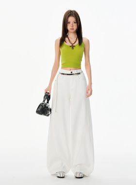 美式复古高腰白色宽松阔腿裤夏季百搭垂感拖地牛仔裤