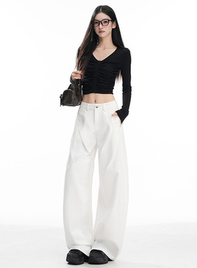 白色高腰直筒牛仔裤女春季新款小个子显瘦百搭阔腿拖地裤