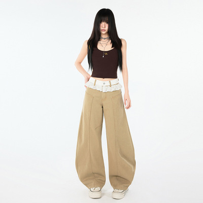 夏季新款美式复古弯刀牛仔裤女卡其色蕾丝花边阔腿裤梨形身材