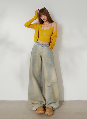 美式复古磨破高腰阔腿牛仔裤女秋冬宽松显瘦百搭直筒裤