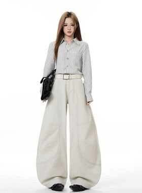 米白色高腰弯刀牛仔裤女秋冬宽松显瘦拖地工装长裤美式松弛感