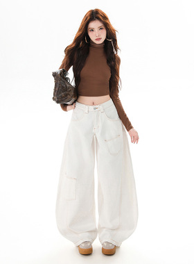 美式复古白色高腰弯刀牛仔裤女高街设计感宽松垂感阔腿裤